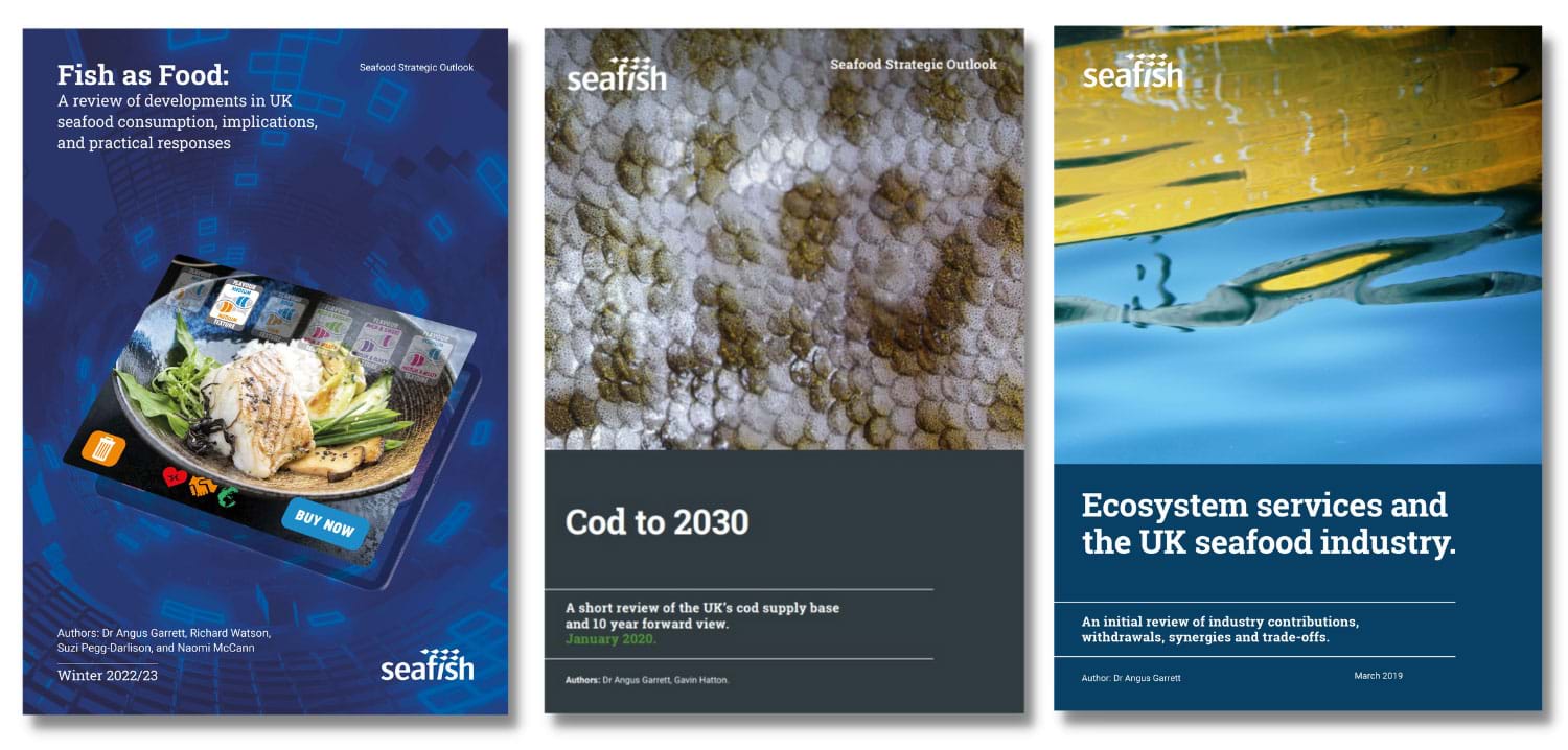 a selection of report covers from reviews on Fish as Food, Cod to 2030 and Ecosystem services