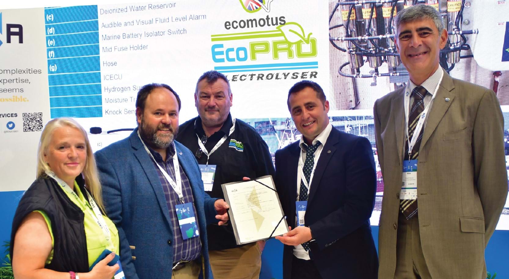 The Ecomotus team receiving a certificate acknowledging RINA Type approval.