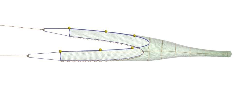 Illustration of a coverless trawl showing the centre of the headline is inline with or even slightly behind the centre of the footrope