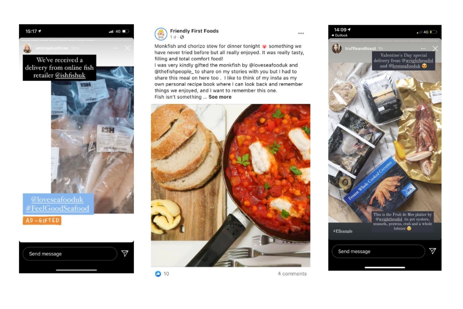 Screen shots of social media posts about Love Seafood