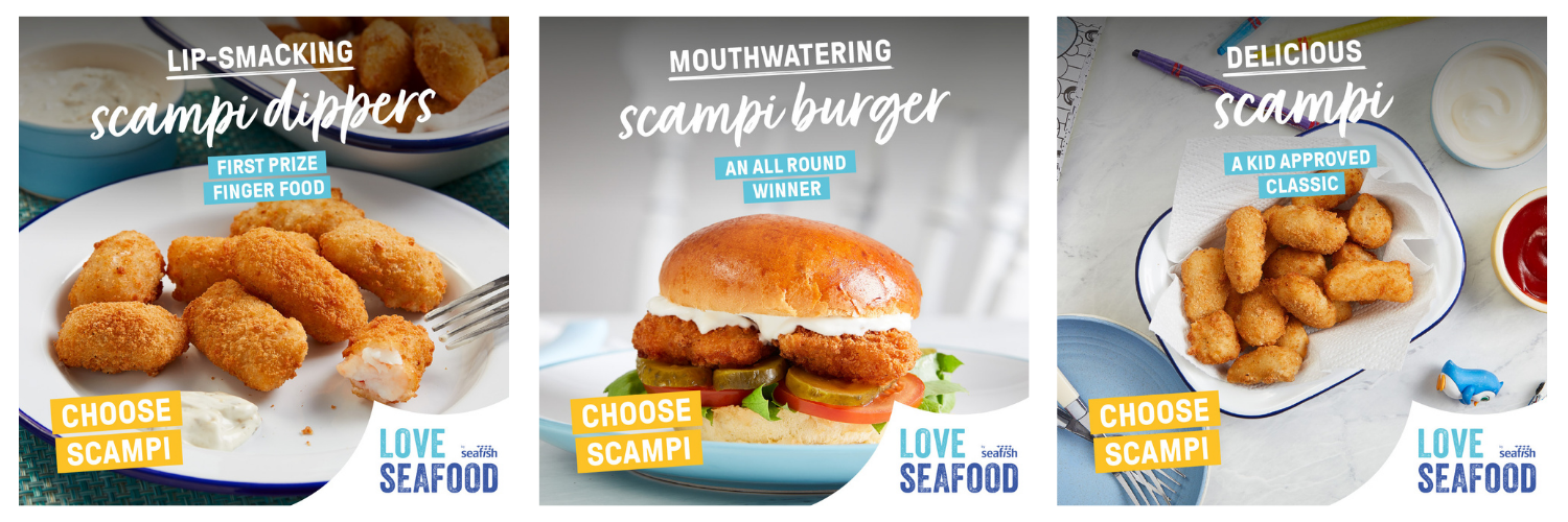 social media graphics featuring scampi dippers, a scampi burger and scampi in an oven dish