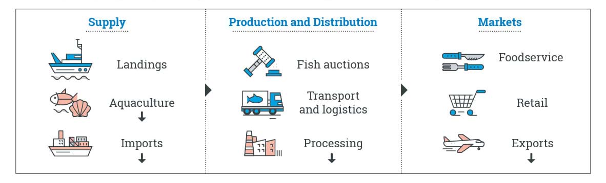 Diagram with coloured icons to show impacts across supply, production and distribution and markets sectors pre-covid-19 (listed below)