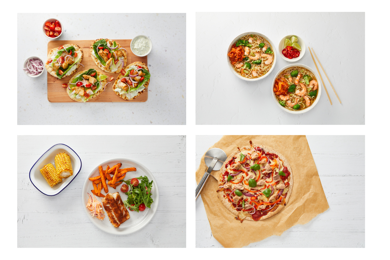 Photos of four different seafood dishes