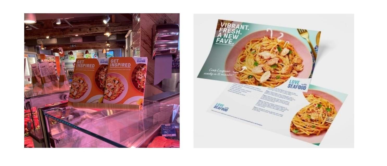 Photo of Love Seafood recipe booklets on a shop counter and photo of Love Seafood recipe card