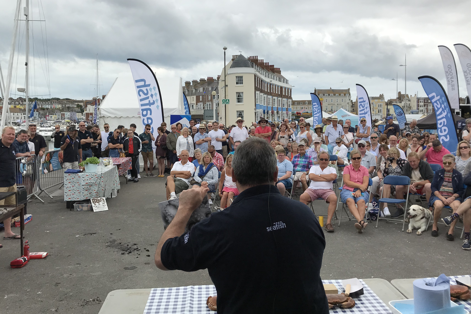 Photo showing crowd watching a cooking demonstration at the 2019 Dorset Seafood Festival