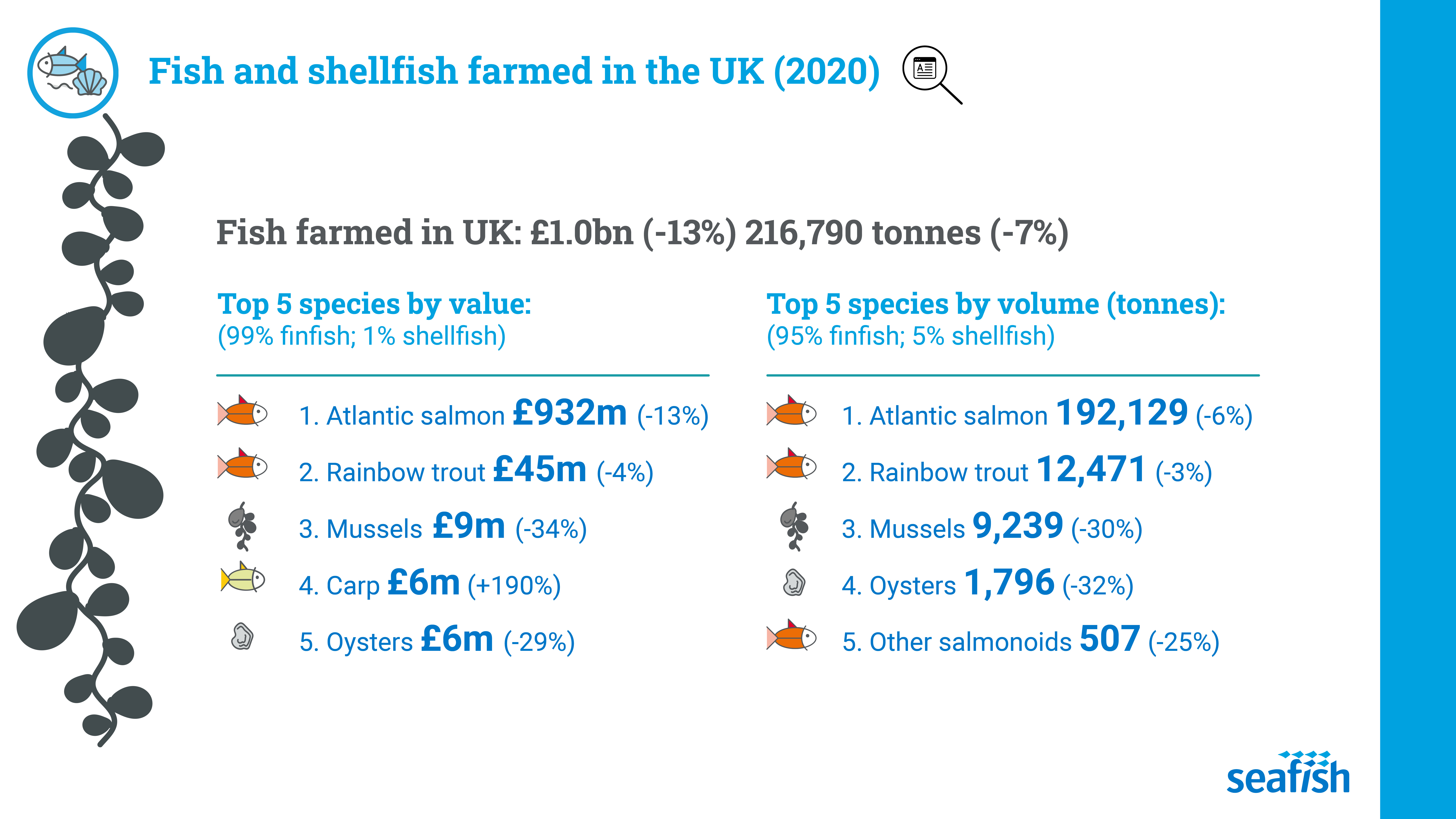 Infographic of fish and shellfish farmed in the UK showing top five species by value and top five species by volume