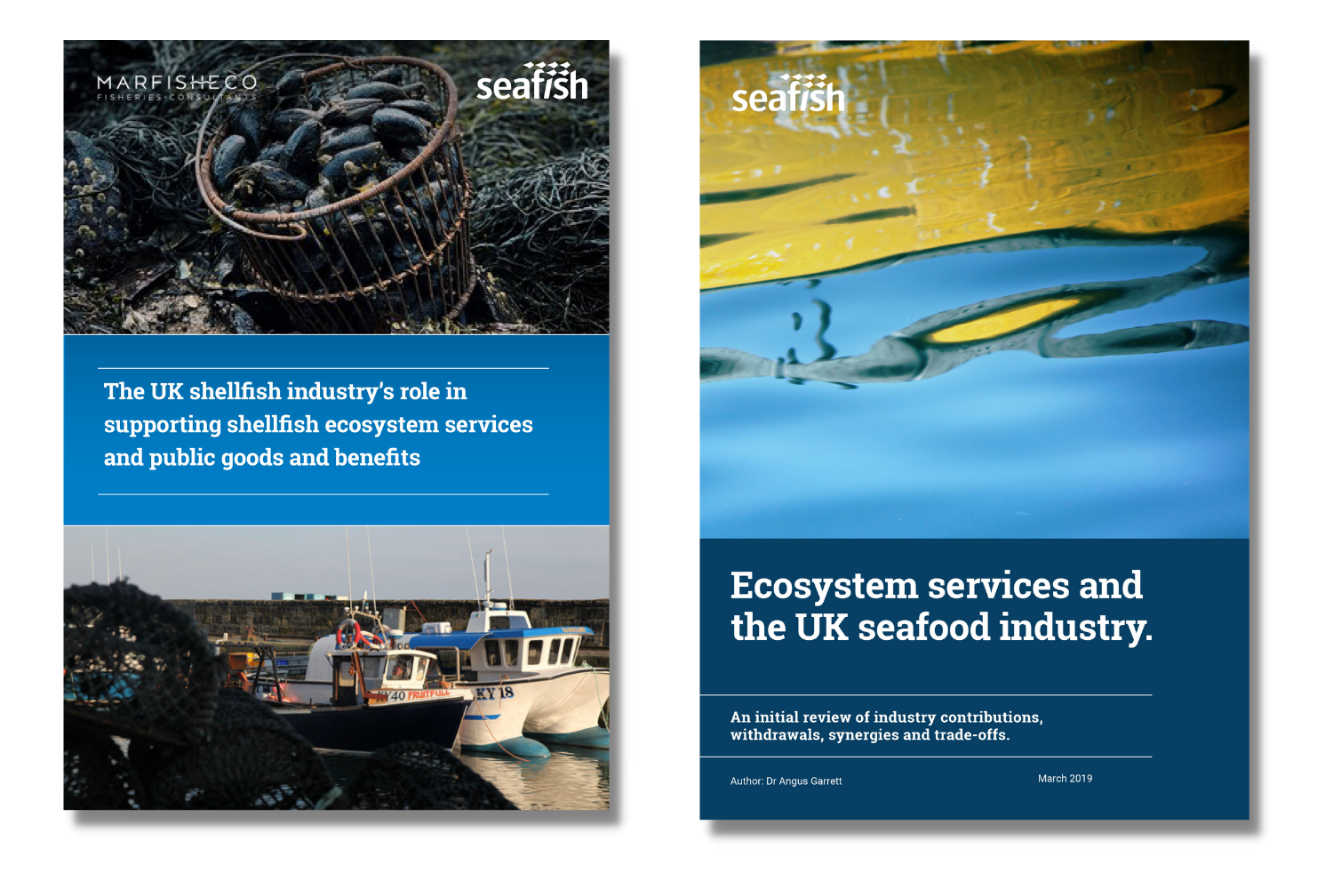 Cover images of two reports, one shows photos of shellfish in basket and small boats in harbour, the other shows a rippled reflection in water