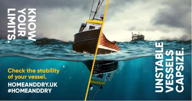 Photo shows a mock up of a fishing vessel at sea. One side is upright, the other has capsized. Text says Know Your Limits. Unstable Vessels Capsize.