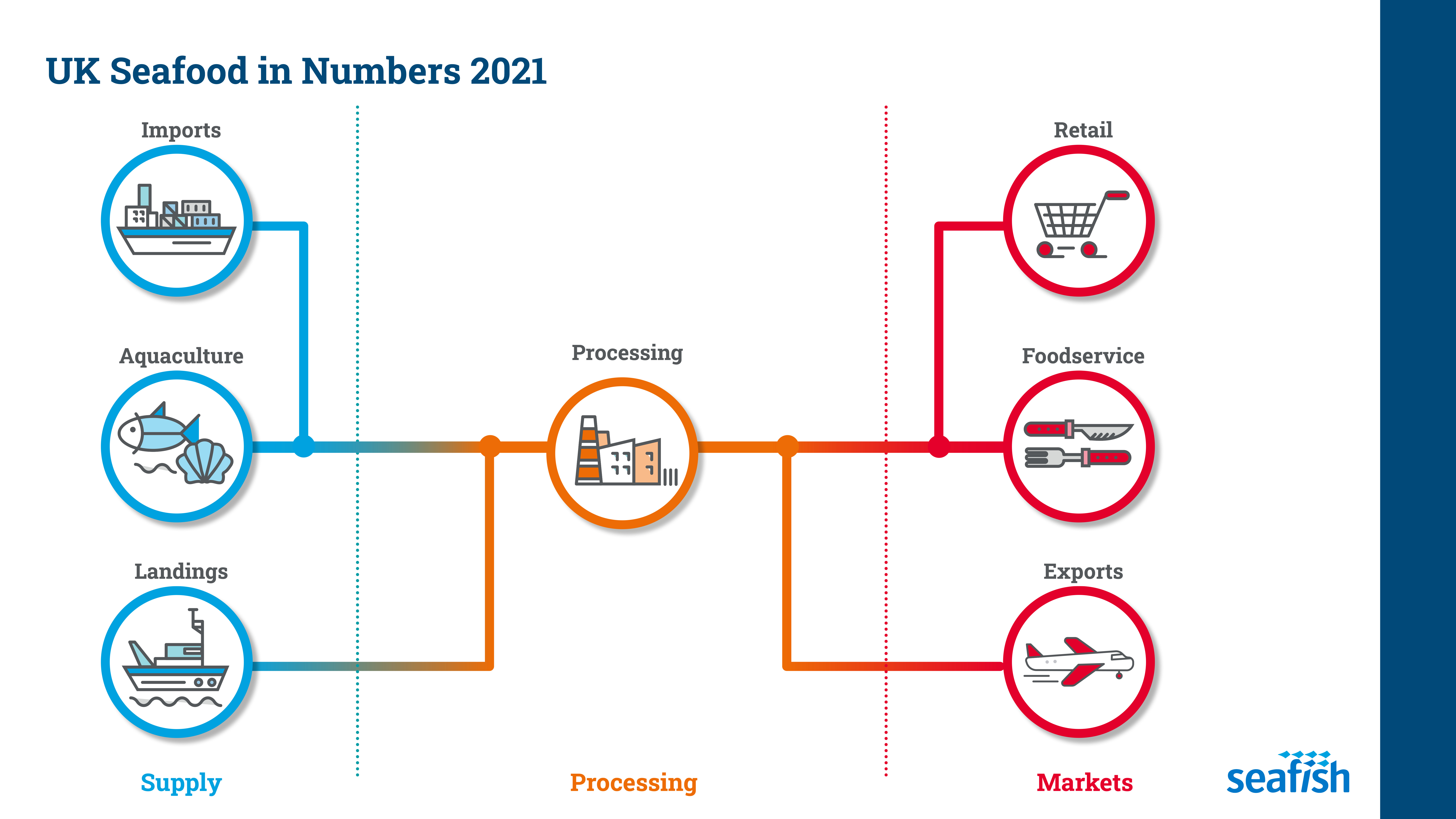 Image of icons from left to right showing seafood supply chain. Text says Landings, Aquaculture, Imports, Processing, Retails, Foodservice and Exports