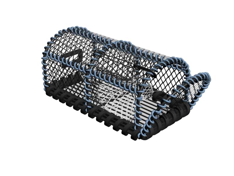 An open front netted velvet crab pot entwined with rope for protection