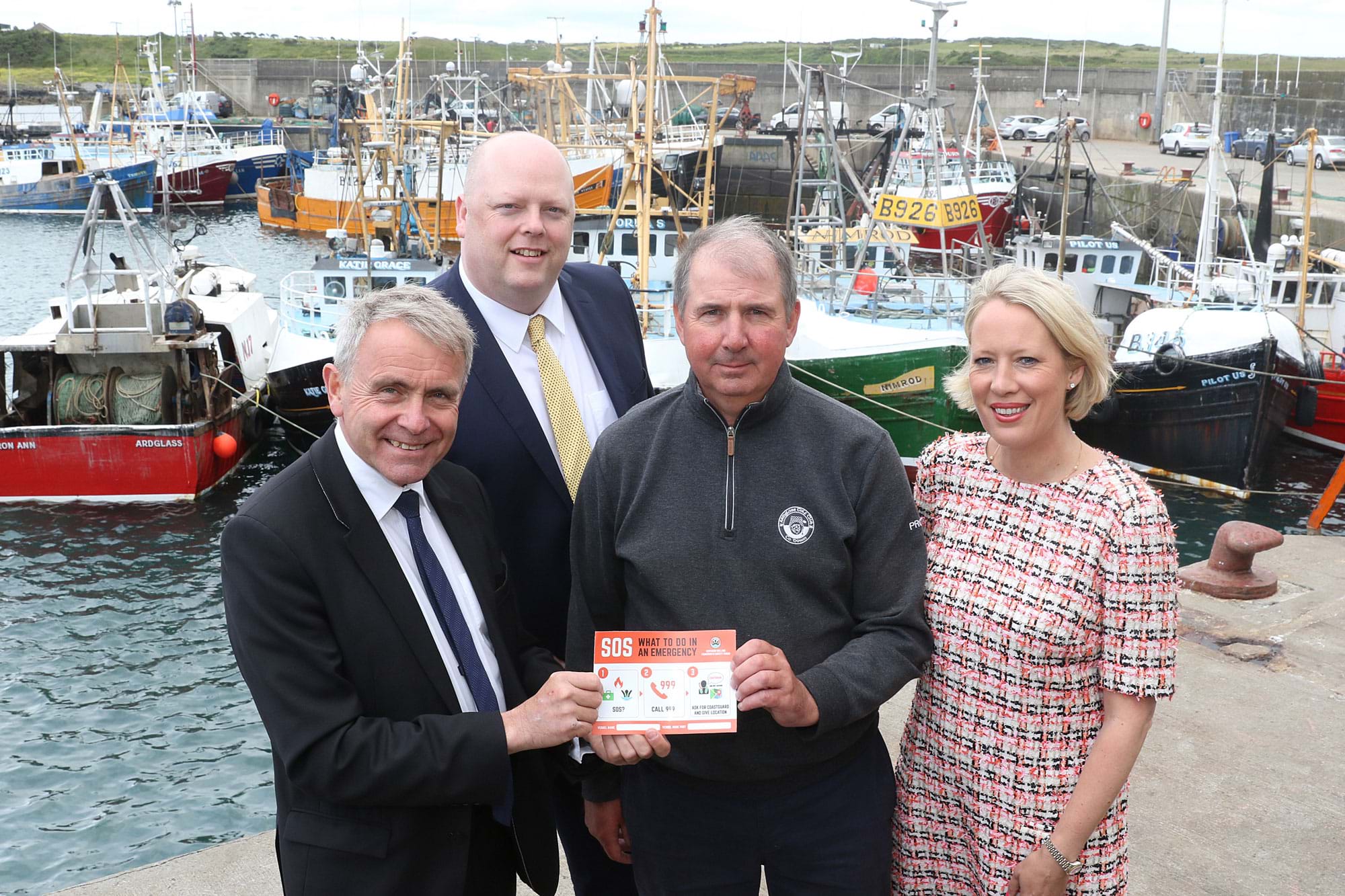Photo of Robert Goodwill, Harry Wick, Basil Will and Lynn Gilmore at Ardglass Harbour