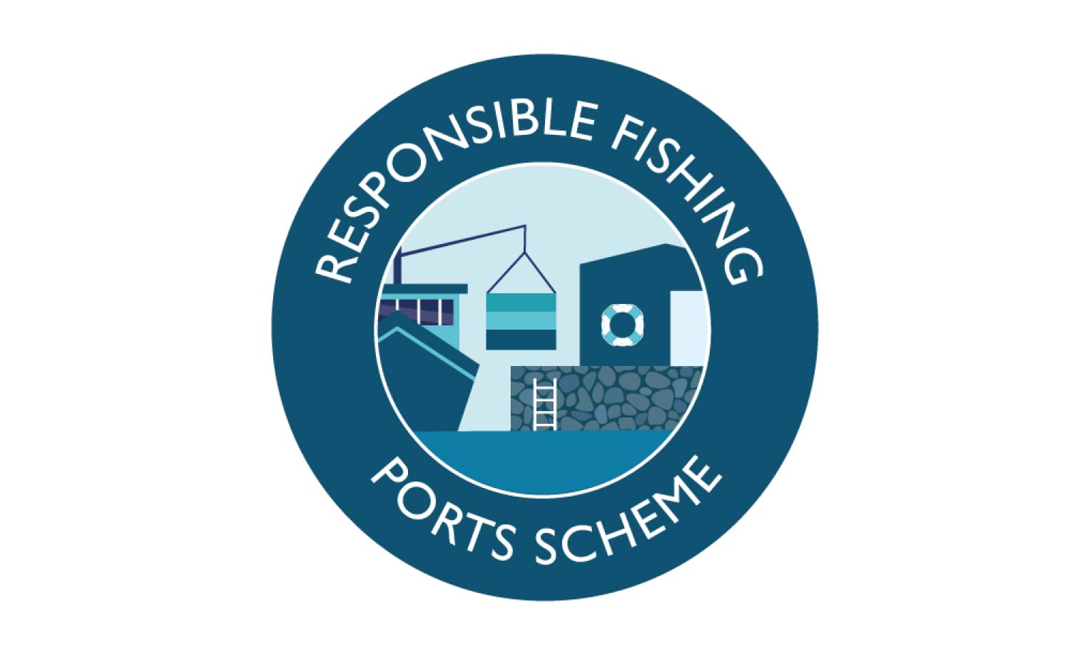 Responsible Fishing Ports Scheme logo - text wraps outside circluar illustration of boxes being lifted between boat and pier