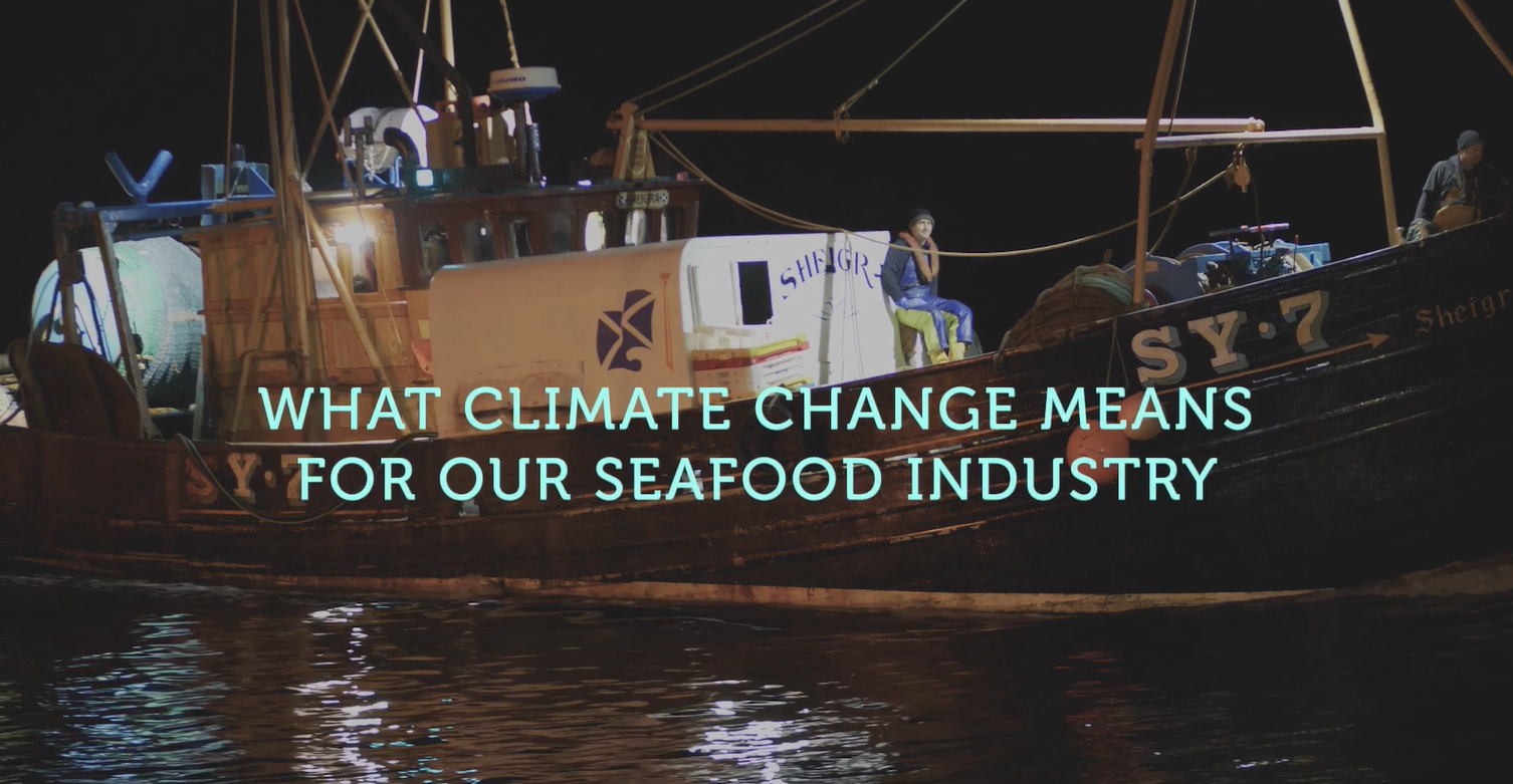 Still from climate change campaign film - text says 'what climate change means for our seafood industry' over image of fishing vessel
