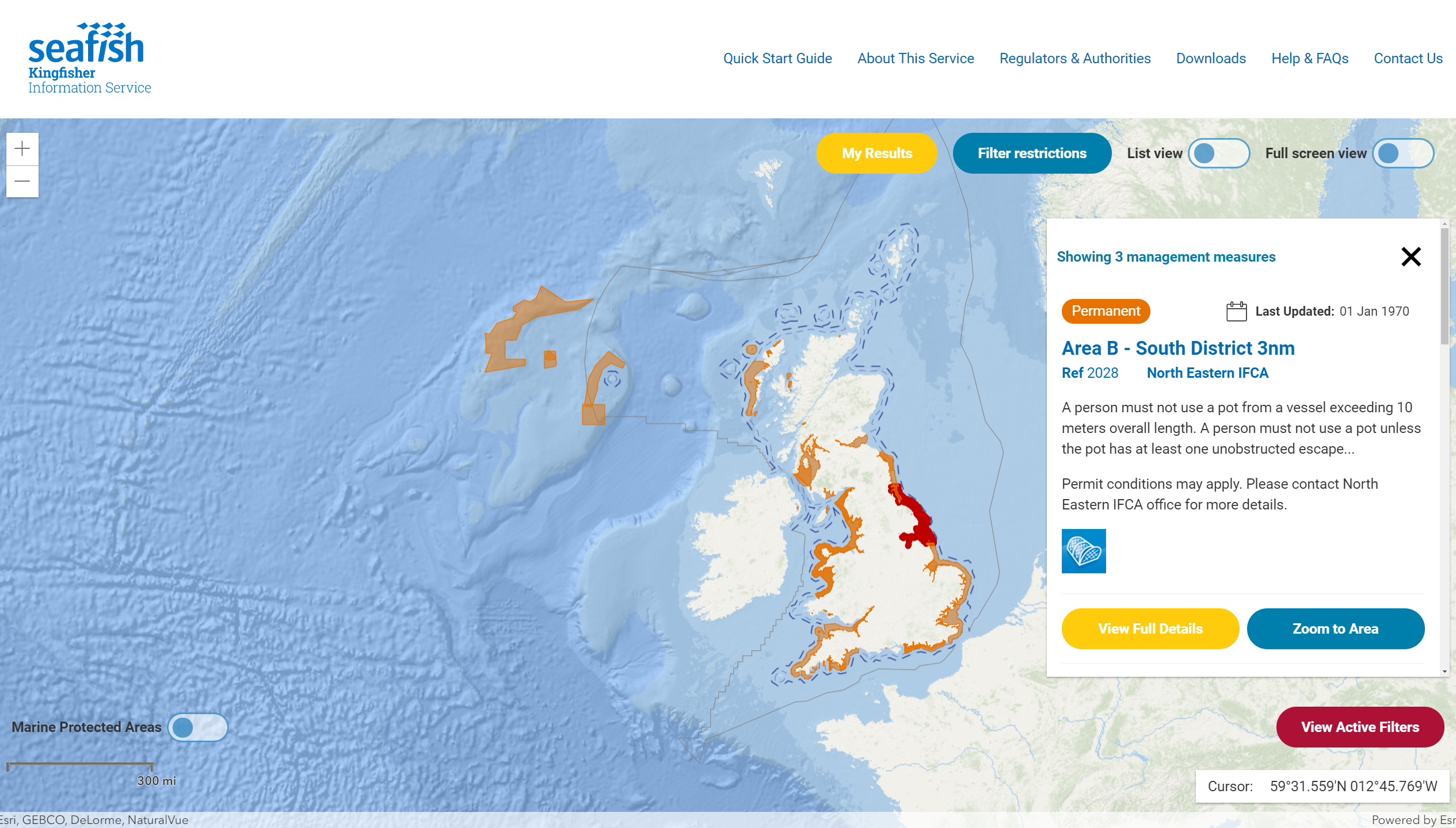 Screenshot showing map with details of fishing gear restriction on Kingfisher fishing restrictions website