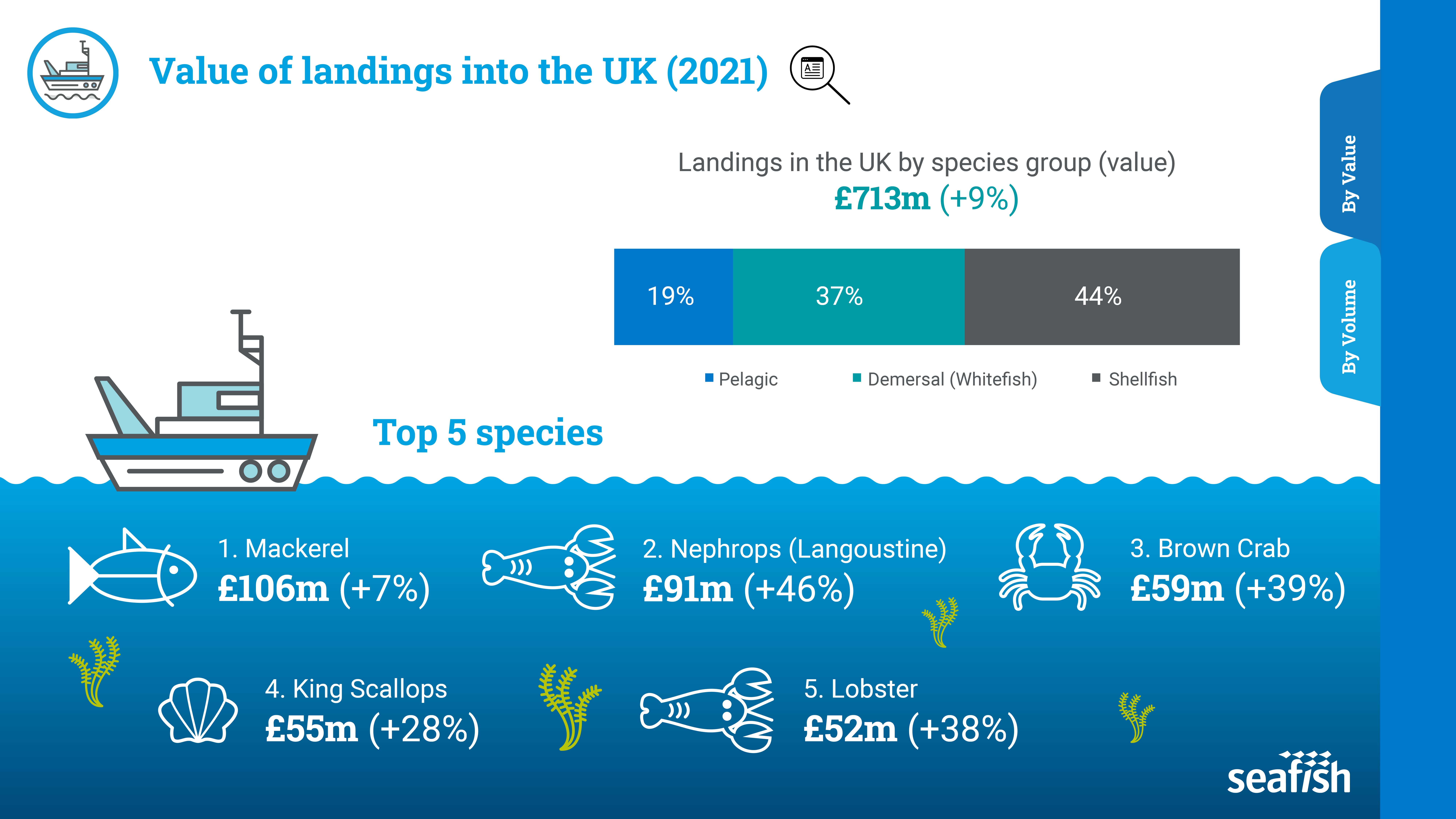 Infographic showing the value of landings into the UK (2021) of the top five species, Mackerel, Nephrops, Brown crab, Kind scallops and Lobster