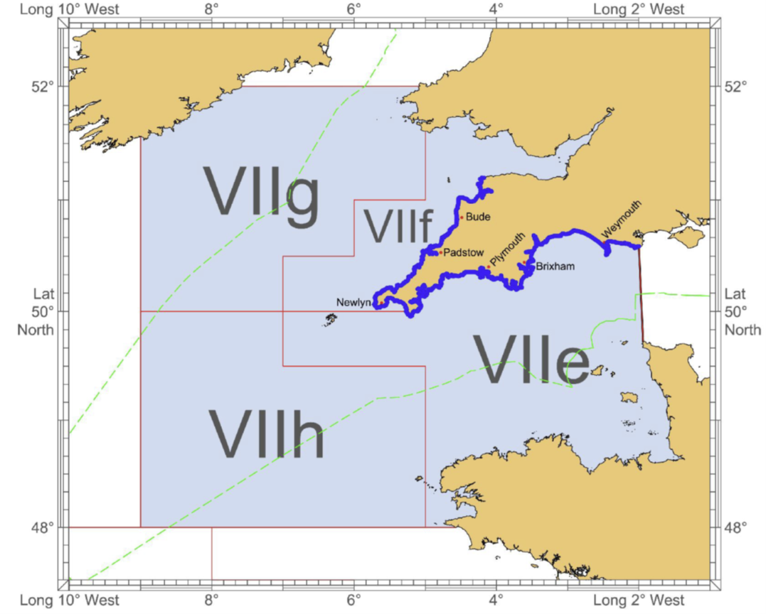 Map showing coastlines of Southwest England, southern Ireland and Northwest France with sea split into areas marked Vllg, Vllf, Vlle and Vllh