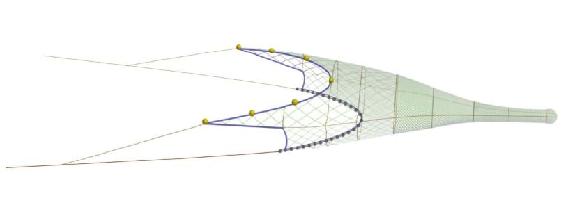 Side view illustration of an eliminator trawl with large open diamond mesh wings