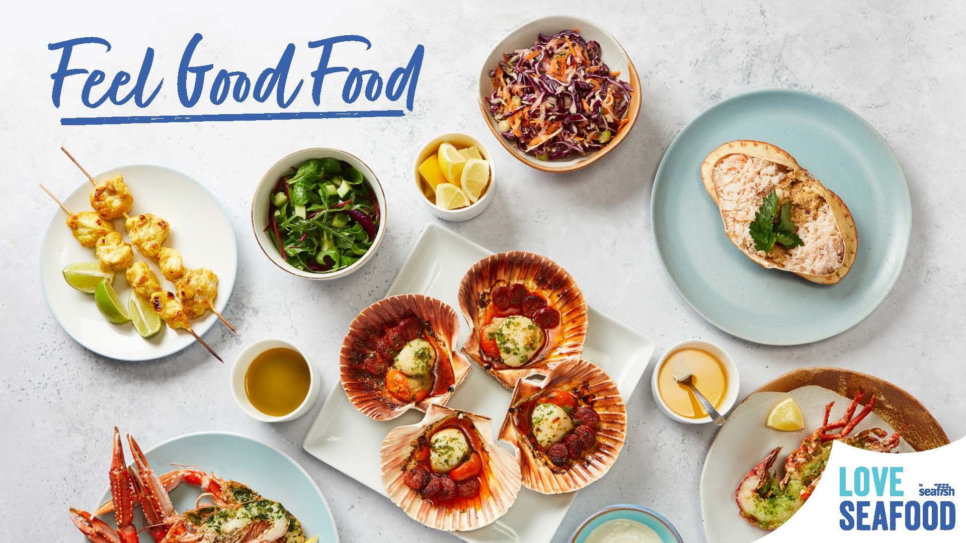 Social media graphic for spring 2021 Love Seafood campaign - text says Feel Good Food above photos of seafood dishes with scallops, lobster and crab