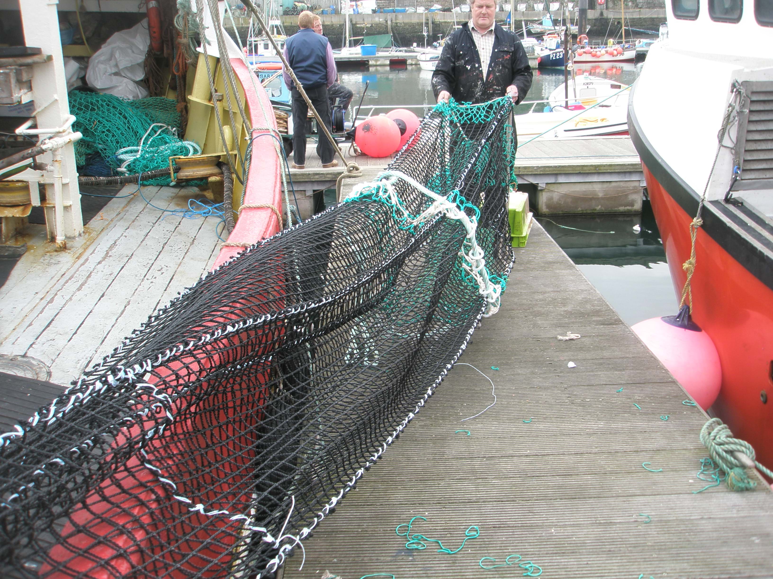 Fisherman pulling a 4 panel cod-end from the side of vessel at harbour