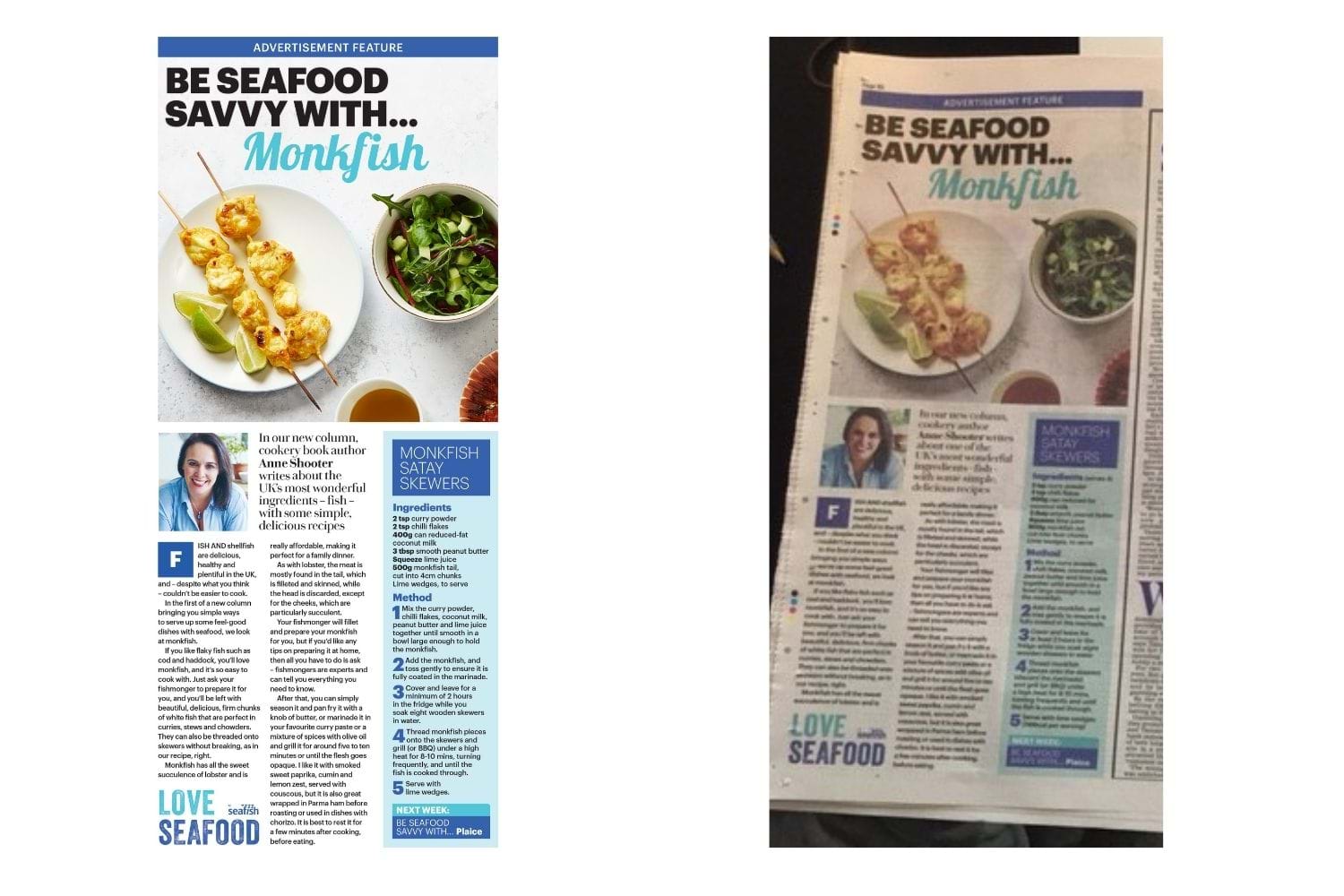 Screen shot of a Daily Mail article from the Love Seafood campaign titled 'Be seafood savvy with... monkfish' and a photo of the article in the paper