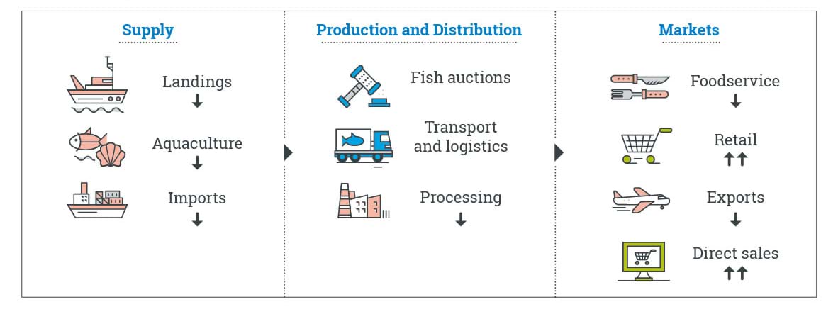 Diagram with coloured icons to show impacts across supply, production and distribution and markets sectors as restrictions ease (listed below)