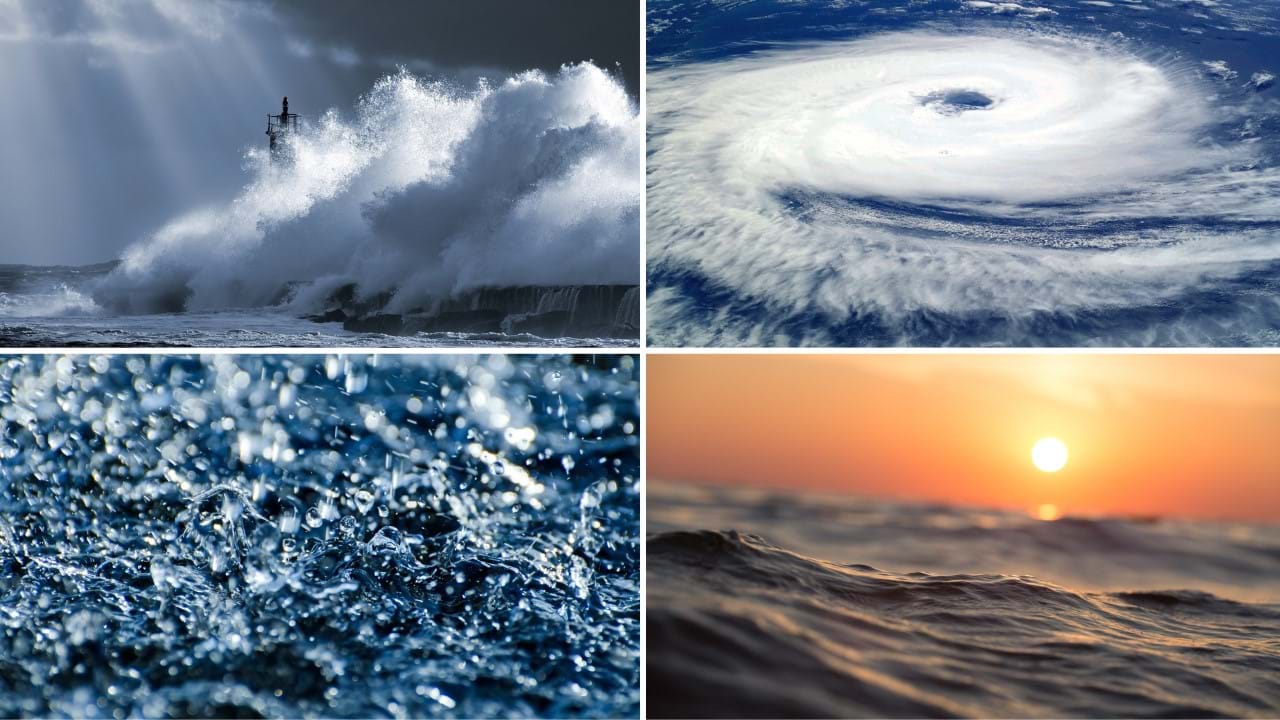 Collage of crashing waves, hurricane, heavy rainfall and sun over sea