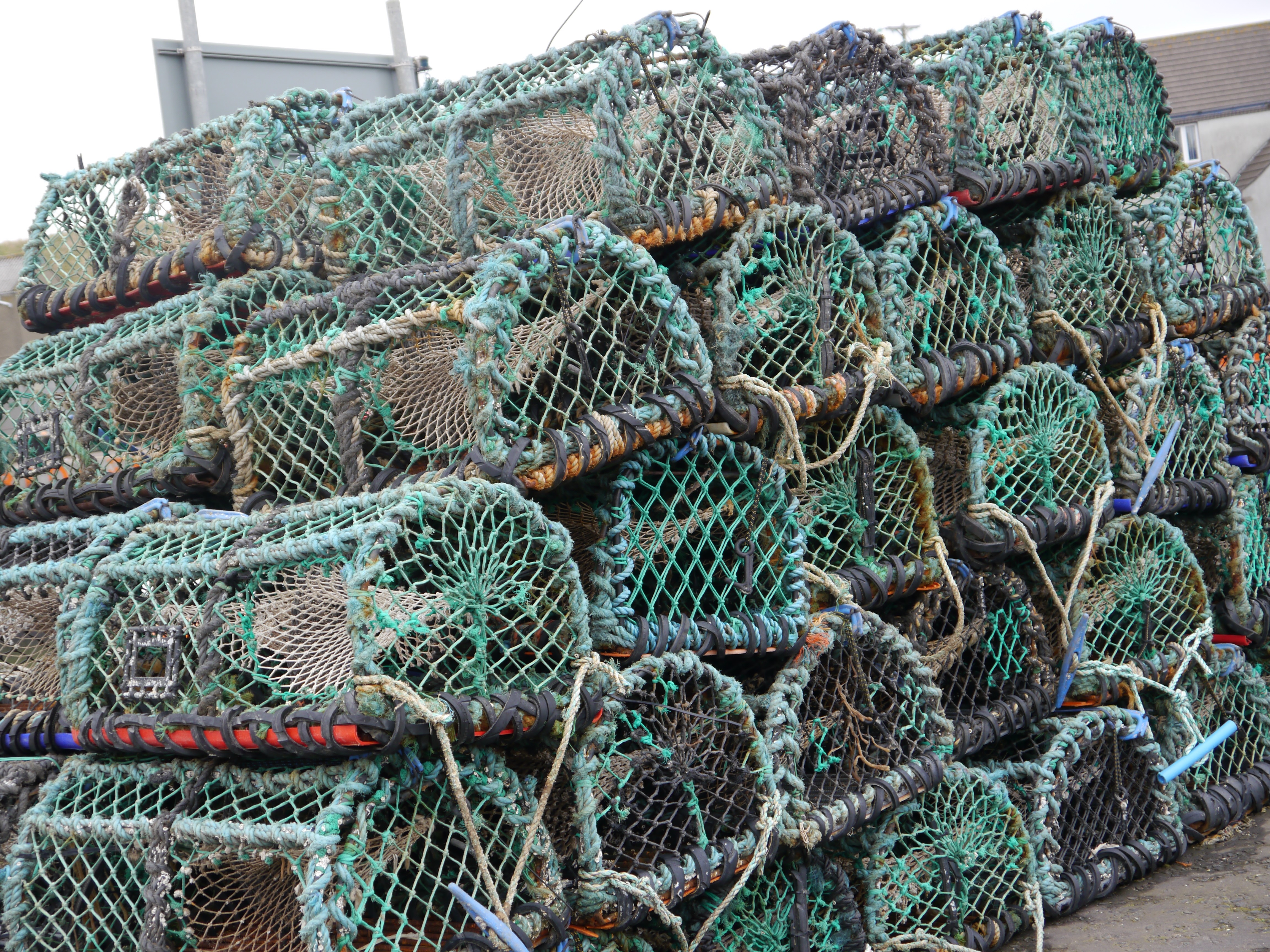 Stack of creels on harbour