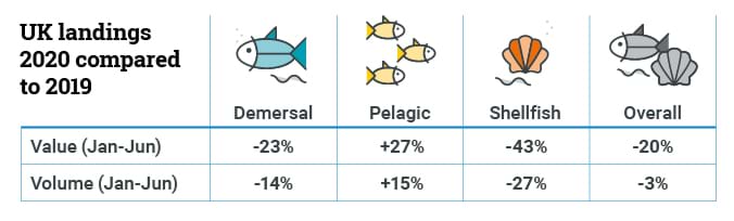Demersal value -23% Volume -14%, Pelagic value +27% volume +15%, Shellfish value -43% volume -27%, Overall value-20%, volume -3%