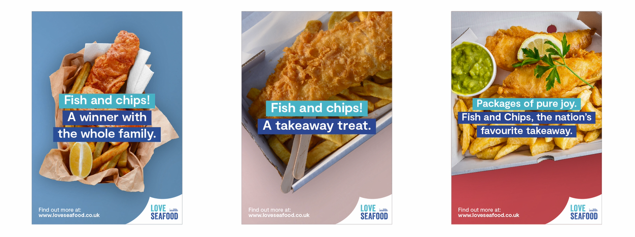 Artwork for three Love Seafood fish and chip posters